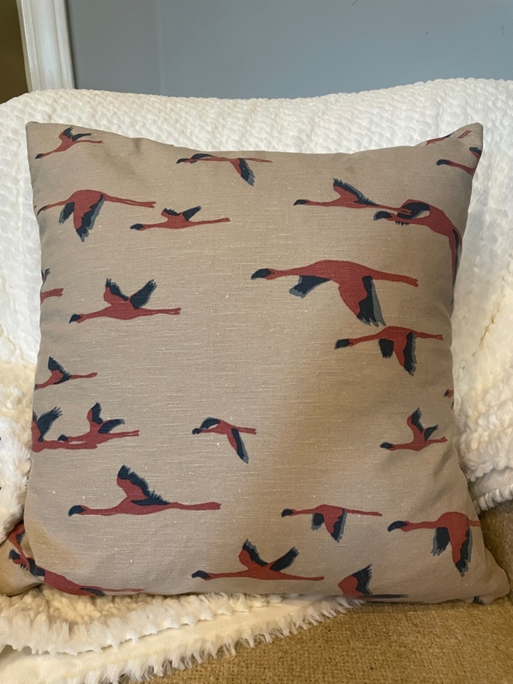 Flying Bird Pattern Decorative Throw Pillow - Taupe with mauve and Navy